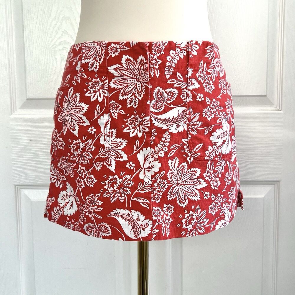 VTG Express Y2K Red Hawaiian Floral Mini Skirt Womens sz M Stretch Cotton